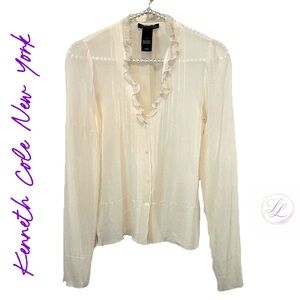 KENNETH COLE NEW YORK 100% SILK Sheer Off White Button Down Blouse Size 4